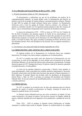 T. 8. La Dictadura Del General Primo De Rivera (1923 – 1930) 1.- El Intervencionismo Militar En 1923