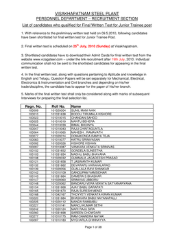 VISAKHAPATNAM STEEL PLANT PERSONNEL DEPARTMENT – RECRUITMENT SECTION List of Candidates Who Qualified for Final Written Test for Junior Trainee Post