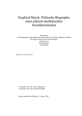 Siegfried Marck. Politische Biographie Eines Jüdisch-Intellektuellen Sozialdemokraten