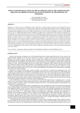 Policy for the Regulation of the Outside Islands in the North Maluku Province in Order to Maintain State Integrity of the Republic of Indonesia