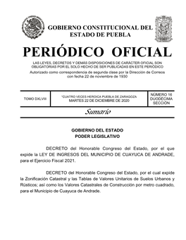 LEY DE INGRESOS DEL MUNICIPIO DE CUAYUCA DE ANDRADE, Para El Ejercicio Fiscal 2021