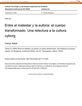 El Cuerpo Transformado. Una Relectura a La Cultura Cyborg