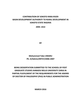 Contribution of Sokoto Rima River Basin Development Authority to Rural Development in Sokoto State Nigeria