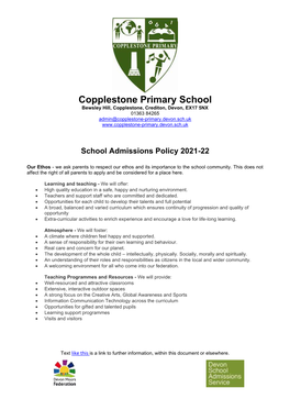 Copplestone Primary School Admissions 2021