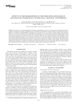 Effects of Methamidophos on the Predating Behavior of Hylyphantes Graminicola (Sundevall) (Araneae: Linyphiidae)