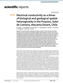 Electrical Conductivity As a Driver of Biological and Geological Spatial Heterogeneity in the Puquios, Salar De Llamara, Atacama Desert, Chile R