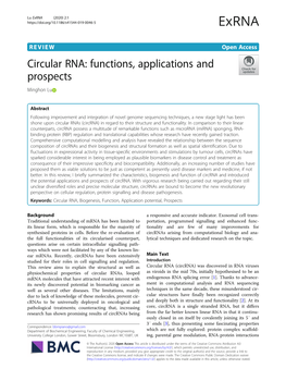 Circular RNA: Functions, Applications and Prospects Minghon Lu
