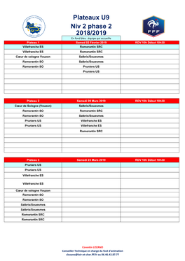 2018/2019 Plateaux U9 Niv 2 Phase 2