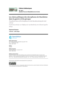 Cahiers Balkaniques, 40 | 2012 Les Choix Politiques Des Slavophones De Macédoine Dans La Guerre Civile Grecque 2