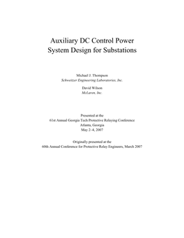 Auxiliary DC Control Power System Design for Substations