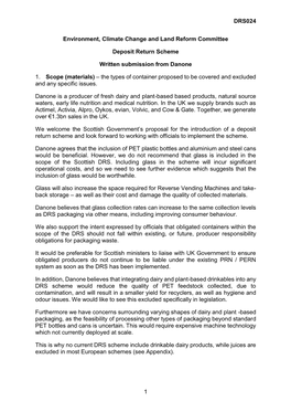 DRS024 1 Environment, Climate Change and Land Reform Committee Deposit Return Scheme Written Submission from Danone 1. Scope