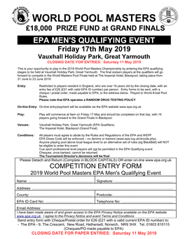 2019 Mens World Masters Entry Form