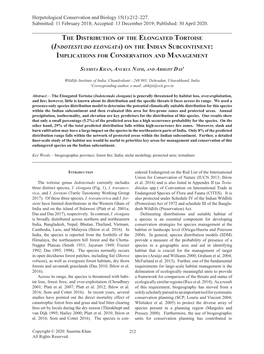 The Distribution of the Elongated Tortoise (Indotestudo Elongata) on the Indian Subcontinent: Implications for Conservation and Management