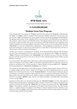 DNB Bank ASA (Incorporated with Limited Liability in Norway) U.S.$10,000,000,000 Medium-Term Note Program