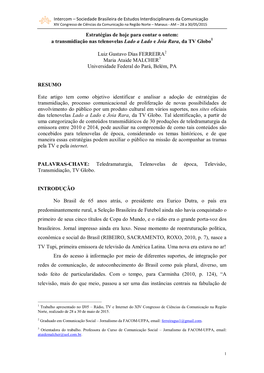 Estratégias De Hoje Para Contar O Ontem: a Transmidiação Nas Telenovelas Lado a Lado E Joia Rara, Da TV Globo Luiz Gustavo Di