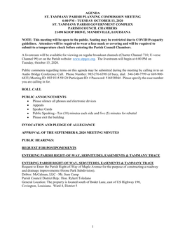 Agenda St. Tammany Parish Planning Commission Meeting 6:00 Pm - Tuesday October 13, 2020 St