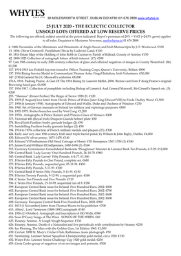 UNSOLD LOTS OFFERED at LOW RESERVE PRICES the Following Are Offered, Subject Unsold at the Prices Indicated