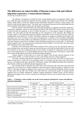 The Differences in Cohort Fertility of Russian Women with and Without Migration Experience: Census-Based Estimates Alla Tyndik, Svetlana Biryukova