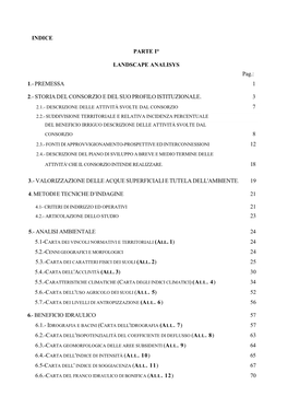 INDICE PARTE I° LANDSCAPE ANALISYS Pag.: 1.-PREMESSA 1 2