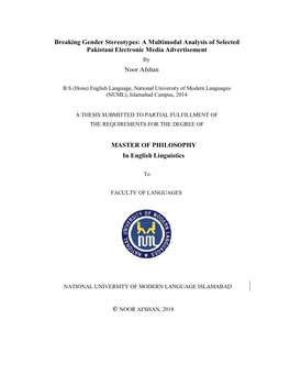 Breaking Gender Stereotypes: a Multimodal Analysis of Selected Pakistani Electronic Media Advertisement by Noor Afshan