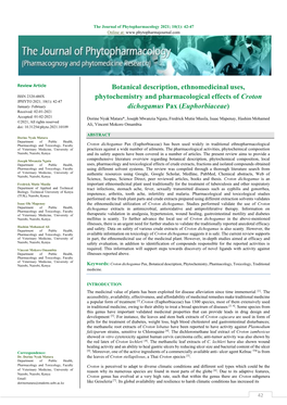 Botanical Description, Ethnomedicinal Uses, Phytochemistry and Pharmacological Effects of Croton Dichogamus Pax (Euphorbiaceae)