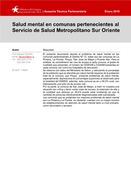 Salud Mental En Comunas Pertenecientes Al Servicio De Salud Metropolitano Sur Oriente