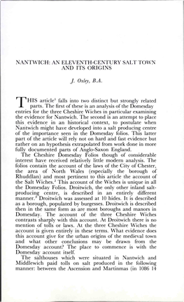 Nantwich: an Eleventh-Century Salt Town and Its Origins