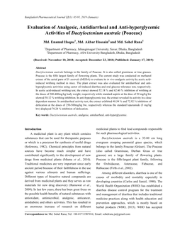 Evaluation of Analgesic, Antidiarrheal and Anti-Hyperglycemic Activities of Dactyloctenium Australe (Poaceae)