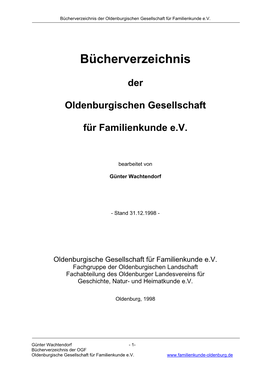 Bücherverzeichnis Der Oldenburgischen Gesellschaft Für Familienkunde E.V