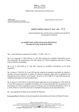 Portant Désignation Des Membres De La Commission De Contrôle De La Commune De Valavoire Vu Le Code Électoral Et Notamment