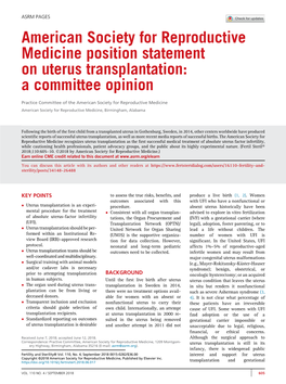 American Society for Reproductive Medicine Position Statement on Uterus Transplantation: a Committee Opinion