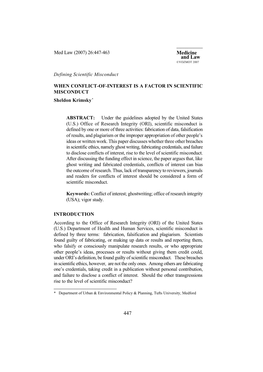 WHEN CONFLICT-OF-INTEREST IS a FACTOR in SCIENTIFIC MISCONDUCT Sheldon Krimsky*