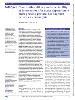 Comparative Efficacy and Acceptability of Interventions for Major Depression in Older Persons: Protocol for Bayesian Network Meta-Analysis