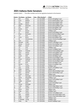 2021 Indiana State Senators Updated 1/8/21 ‐‐ *The Office Numbers Are for the Legislative Assistants to the Senators