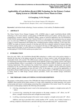 Applicability of Leak-Before-Break (LBB) Technology for the Primary Coolant Piping System to CPR1000 Nuclear Power Plants in China