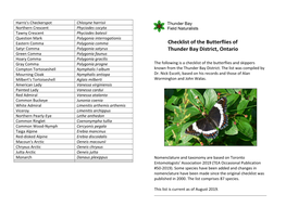 Checklist of the Butterflies of Thunder Bay District, Ontario