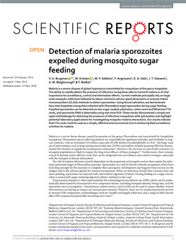 Detection of Malaria Sporozoites Expelled During Mosquito Sugar Feeding Received: 28 February 2018 V