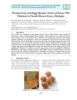 Productivity and Egg Quality Traits of Sasso T44 Chicken in North Showa Zone, Ethiopia