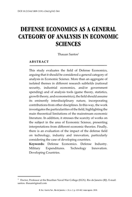 Defense Economics As a General Category of Analysis in Economic Sciences