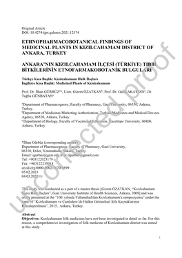 Ethnopharmacobotanical Findings of Medicinal Plants in Kizilcahamam District of Ankara, Turkey