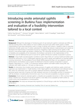 Introducing Onsite Antenatal Syphilis Screening in Burkina Faso