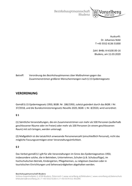 Verordnung Des Bezirkshauptmannes Über Maßnahmen Gegen Das Zusammenströmen Größerer Menschenmengen Nach § 15 Epidemiegesetz