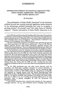 Affirmative Pursuit of Political Equality for Asian Pacific Americans: Reclaiming the Voting Rights Act