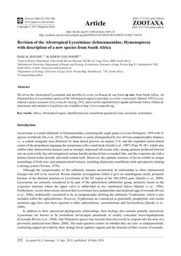 Revision of the Afrotropical Lycorininae (Ichneumonidae; Hymenoptera) with Description of a New Species from South Africa