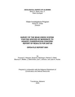 Bear Creek System for Fish Species of Moderate to Highest Conservation Concern: Report of Results for 2007-08