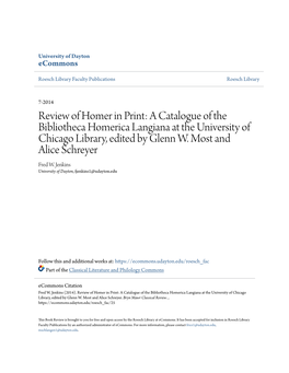 Review of Homer in Print: a Catalogue of the Bibliotheca Homerica Langiana at the University of Chicago Library, Edited by Glenn W