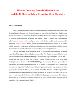 Electron Counting, Formal Oxidation States and the 18 Electron Rule in Transition Metal Chemistry