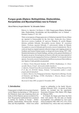 Fungus Gnats (Diptera: Bolitophilidae, Diadocidiidae, Keroplatidae and Mycetophilidae) New to Finland