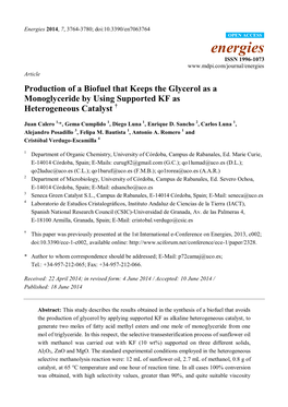 Production of a Biofuel That Keeps the Glycerol As a Monoglyceride by Using Supported KF As Heterogeneous Catalyst †