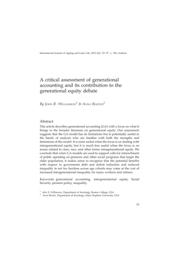 A Critical Assessment of Generational Accounting and Its Contribution to the Generational Equity Debate